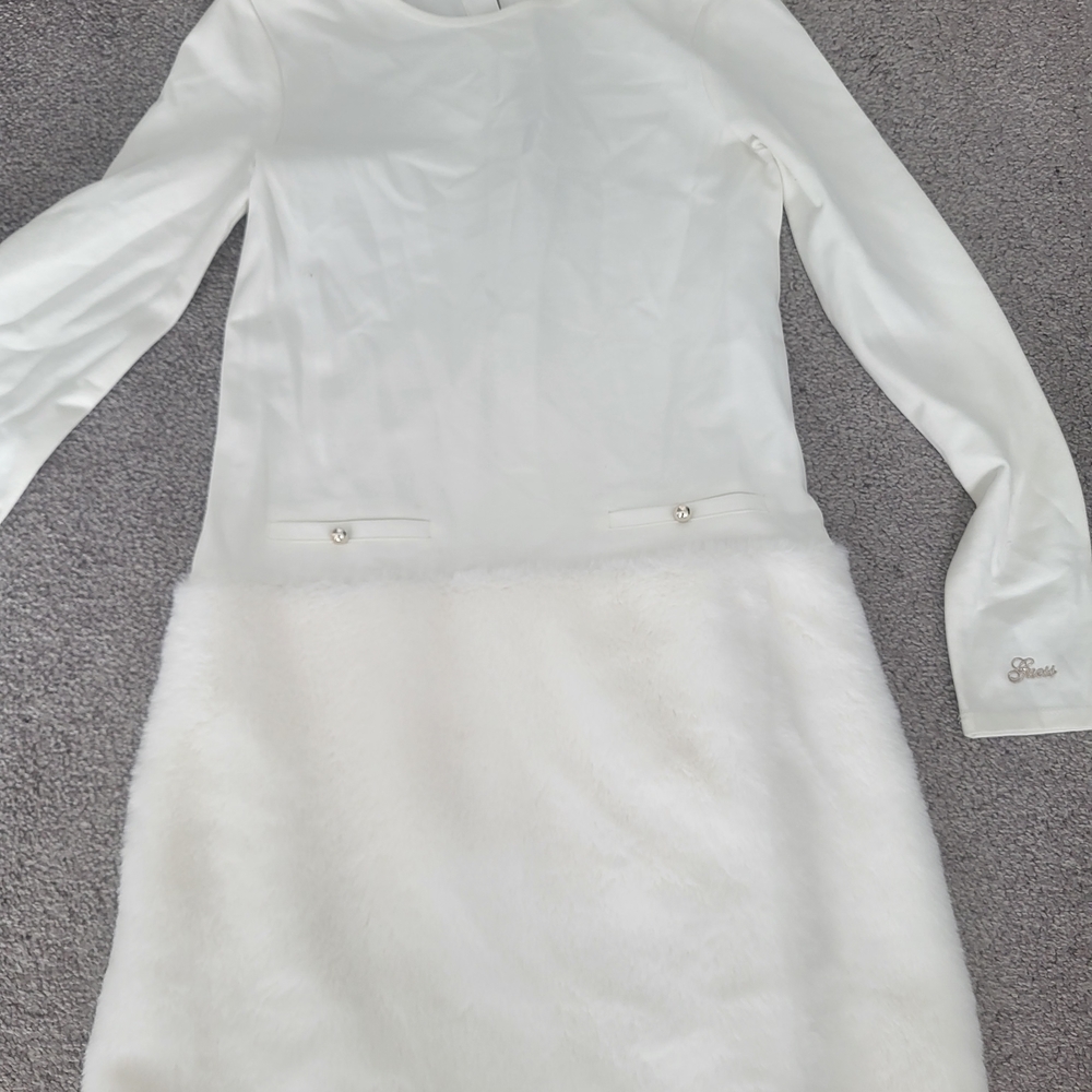 Guess Girls White Faux Fur Trim Long Sleeve Dress